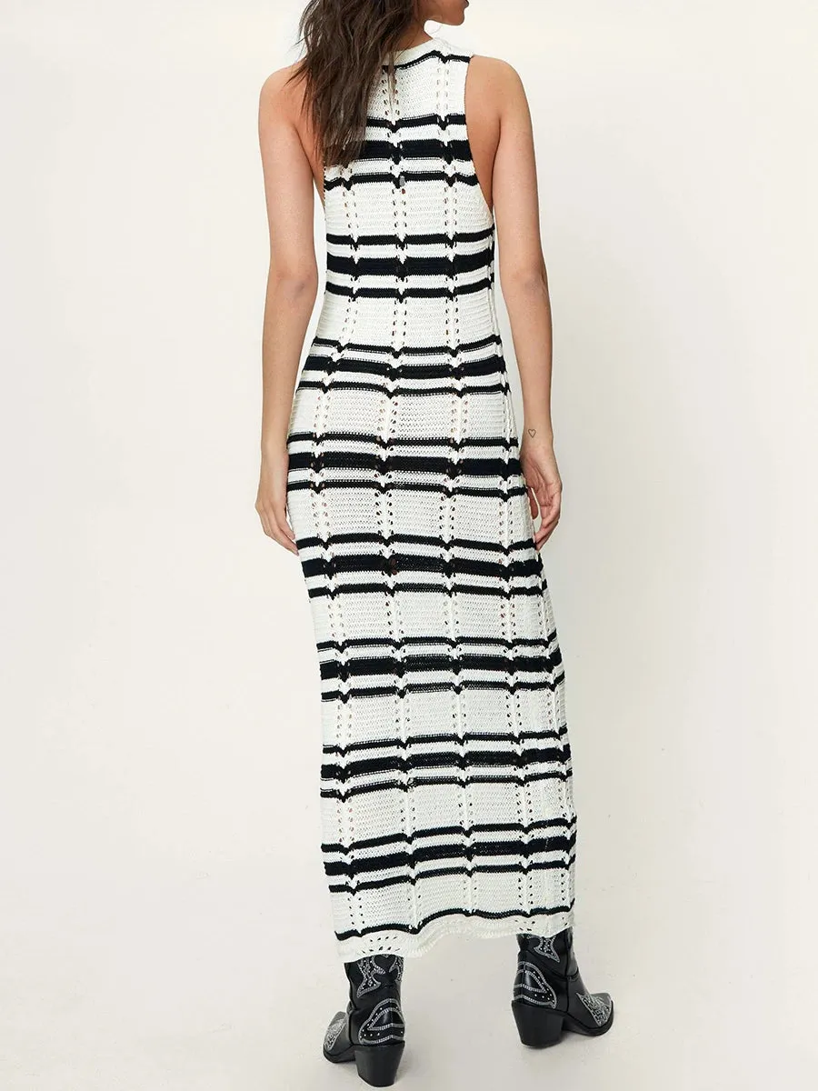 Znbbw Women's Casual Long Dress O-Neck Sleeveless Contrast Color Striped Knitted Summer Slim Fit Holiday Beach Dresses - Image 3