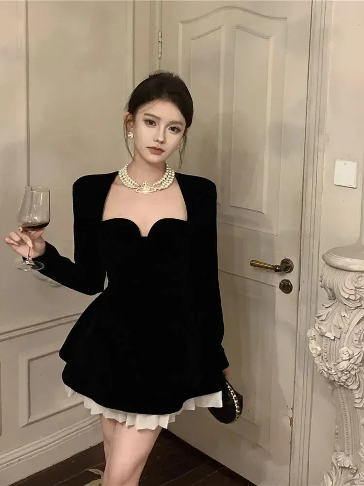 Znbbw Women Spring Autumn Vestidos French Hepburn Style Temperament Sexy Leisure Time Long Sleeved Black Velvet Evening Dress D5336 - Image 2