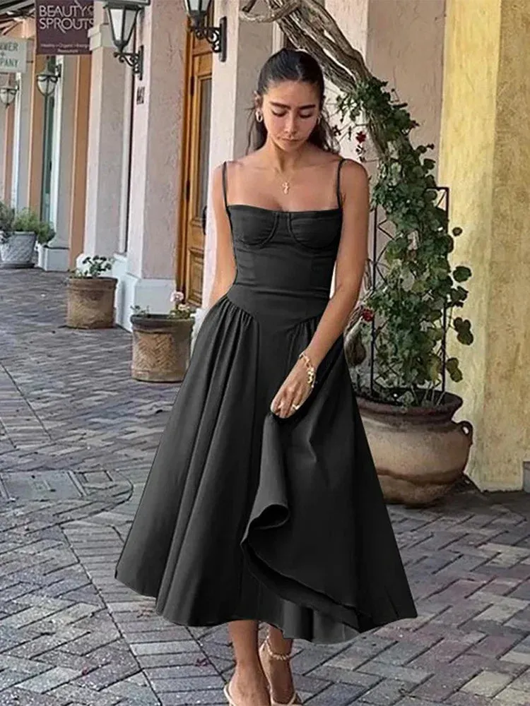Znbbw Women Elegant Spliced Sling Midi Dress Fashion Sleeveless Backless Pleated Hem Dresses Summer Lady High Waist Party Evening Robe - Image 12