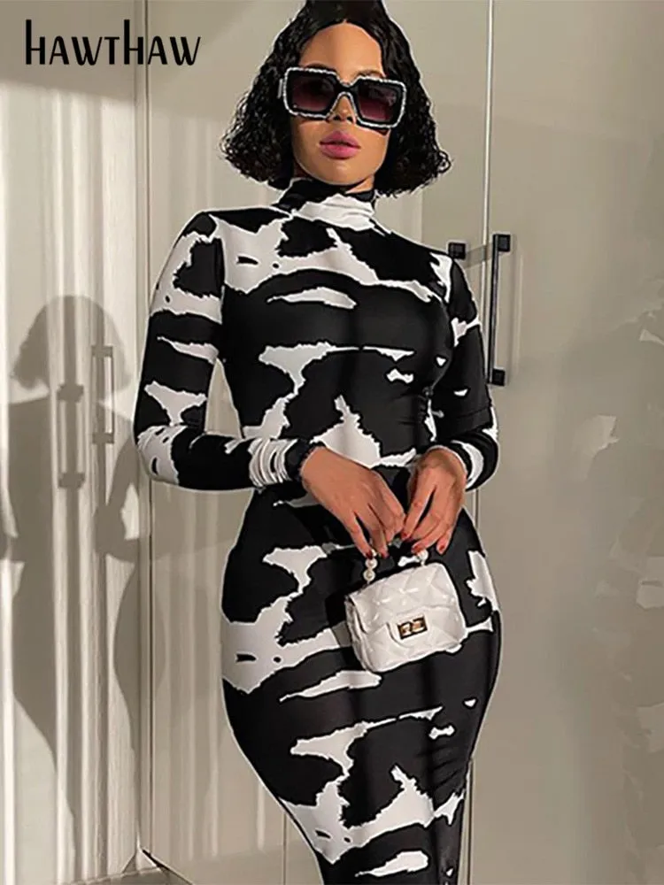 Znbbw Women Fashion Autumn Long Sleeve Printed Bodycon Pencil Long Dress Streetwear 2023 Fall Clothes Wholesale Items - Image 2