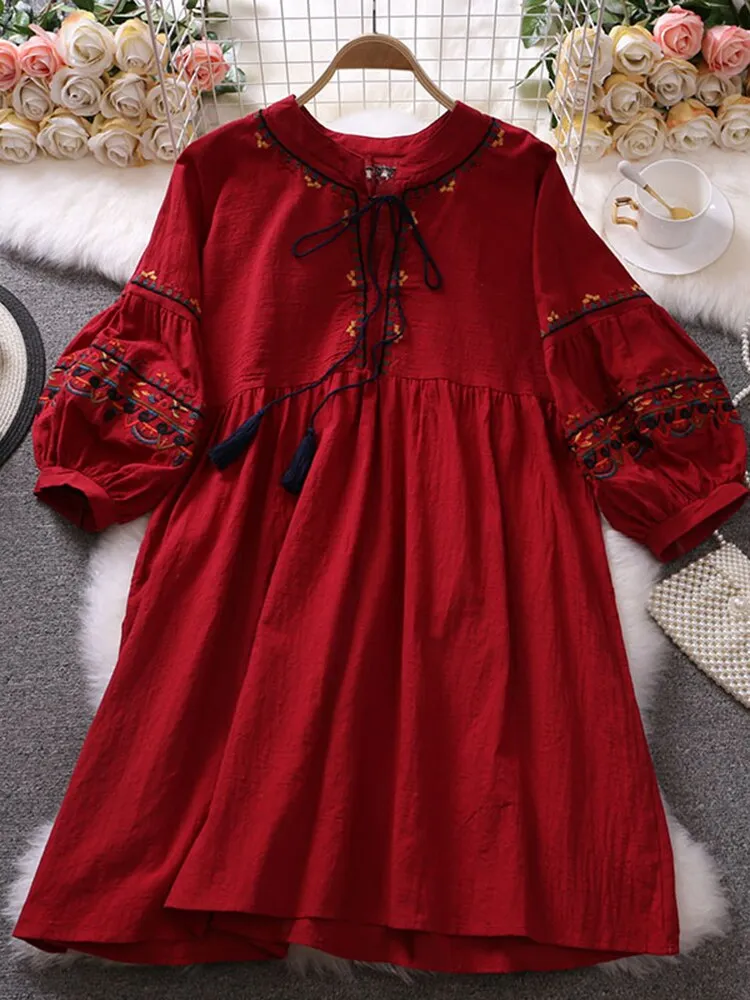 Znbbw Women Summer Dress Vintage Ethnic Embroidery V-neck Lace Up Foreign Style Lantern Sleeve Loose Temperament Dress D2799 - Image 3