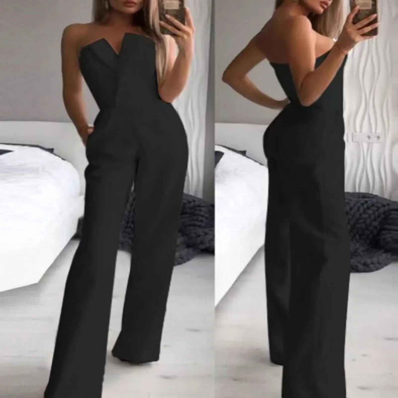 Znbbw Women Solid Tube Top Sleeveless Jumpsuits Rompers Fashion Cold Shoulder Pocket Wide Leg Jumpsuit Office Lady Elegant Suits - Image 3