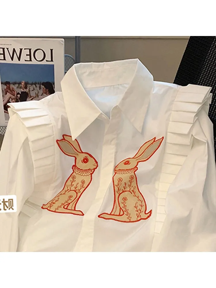 znbbw Women Vintage Rabbit Printed Shirt Single Breasted Streetwear Sweet Chic Fashion Oversized Loose Female Lovely Blouses Tops - Image 5