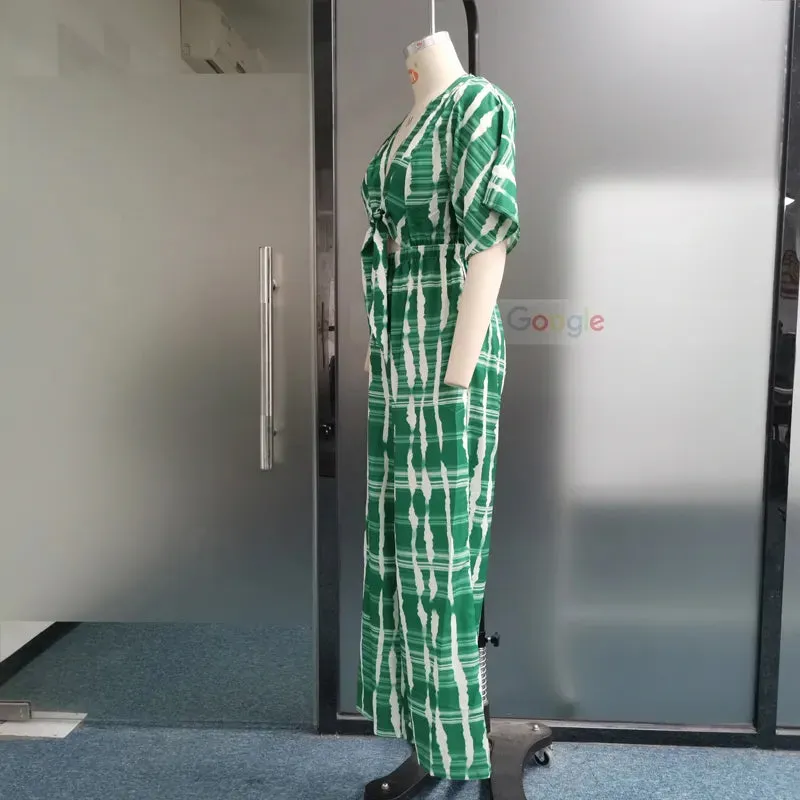 Znbbw Women Jumpsuit Dolman Sleeves V Neck Lace Up Nipped Waist Printing Loose Wide Legs Casual Pants Romper High Streetwear - Image 3