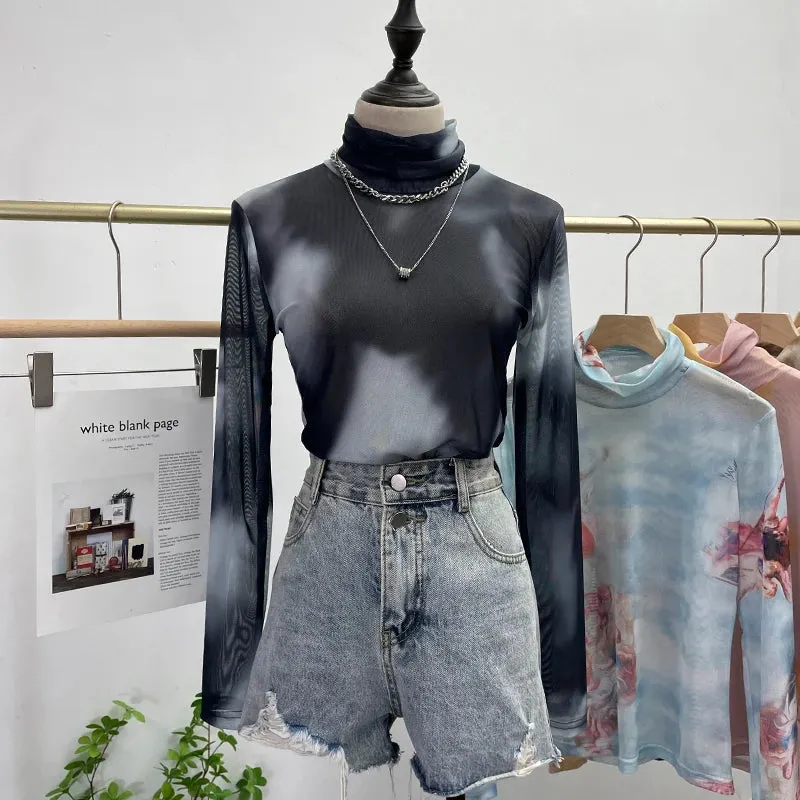 Znbbw Autumn Single-Layer Mesh Base T Shirt Girls Printed Full Sleeve Turtleneck Tees Slim Women See Through Tshirts - Image 2
