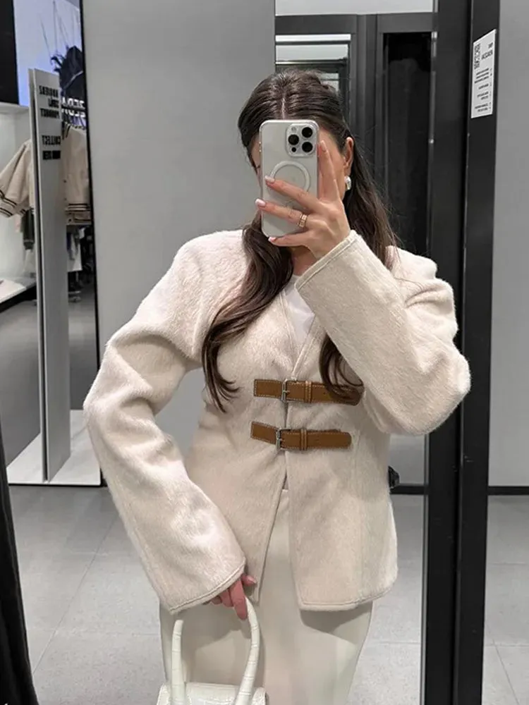 Znbbw Woolen V-neck Jacket Women 2024 Spring Summer Solid Temperament Slim Long Sleeve Buckle Coats Elegant Lady Office Overcoat