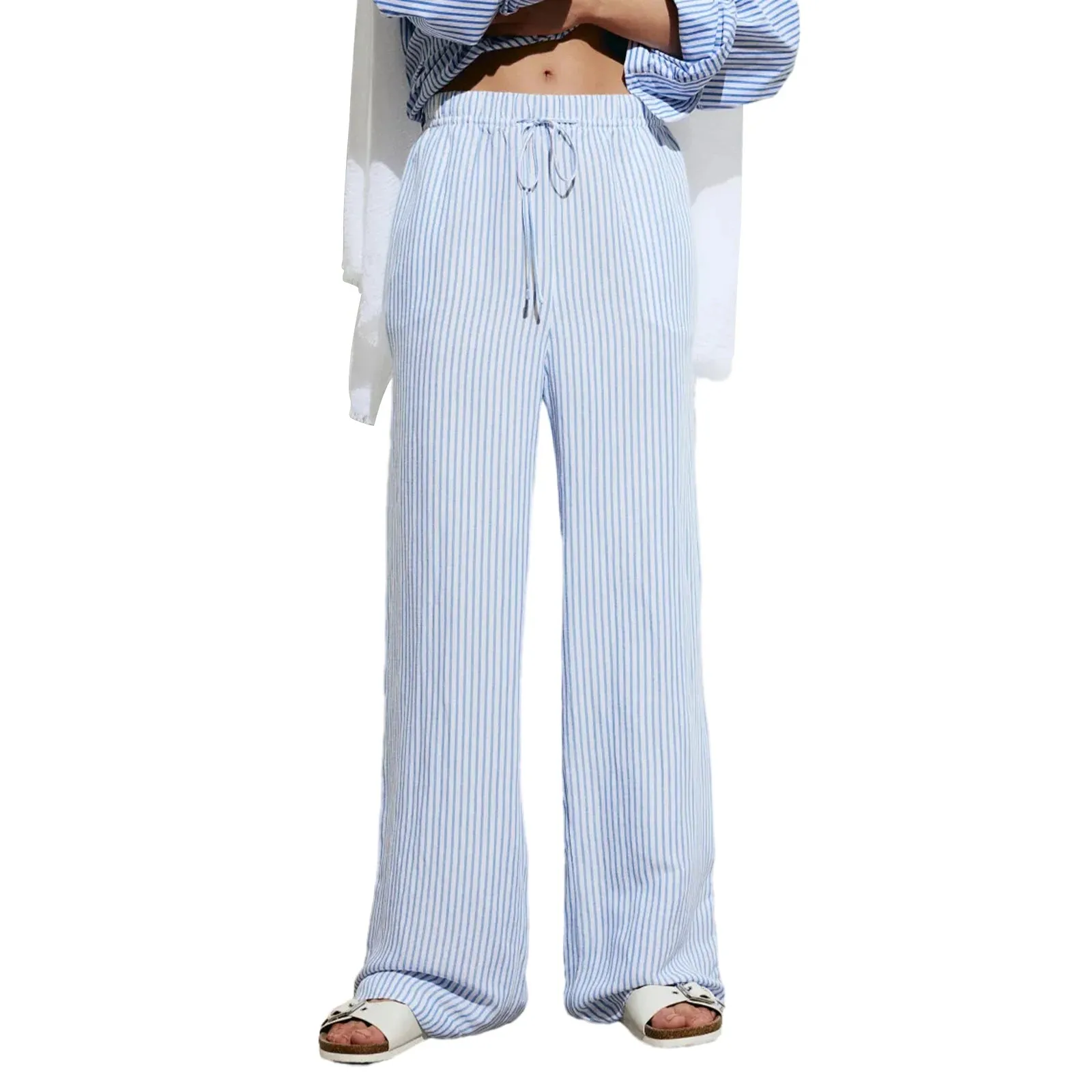 Znbbw Women's Vintage Aesthetic Striped Drawstring Cargo Pants Low Waist Loose Wide Leg Baggy Pants Trousers Sweatpants Streetwear - Image 7