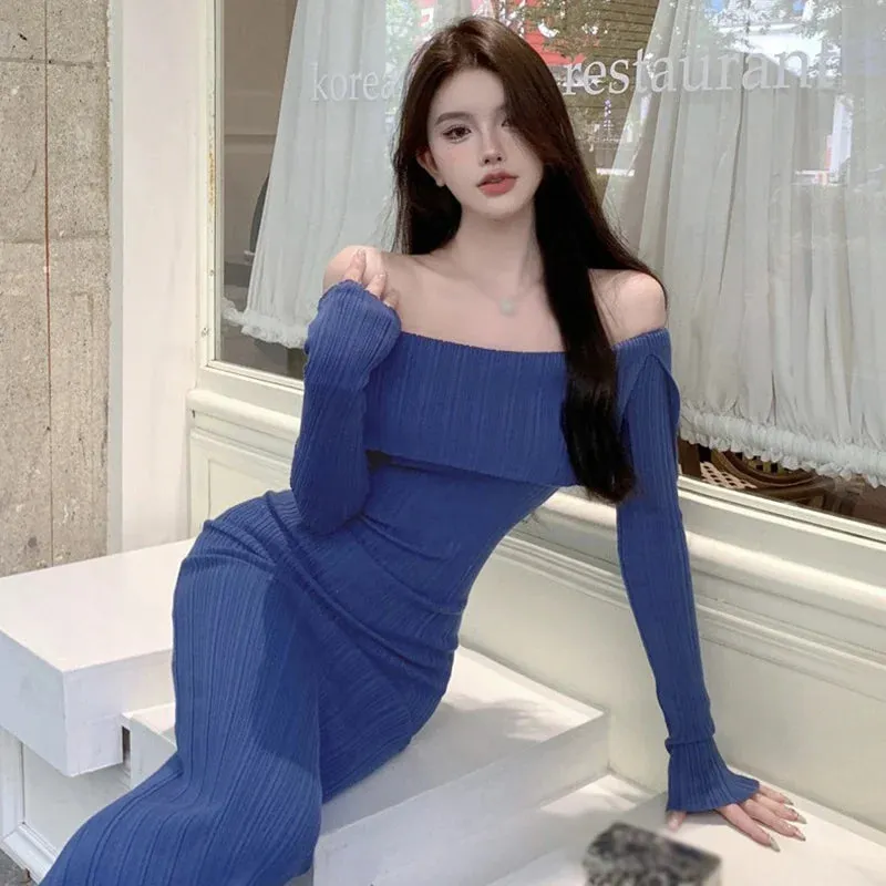 Znbbw Women's Dress  Hip Wrapped Medium Length  Thin  Waist Closed  Split Long Sleeve Straight Shoulder Dress - Image 8