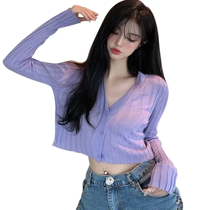 Znbbw Women's V-neck Thin Top Sunscreen Button Knitted Cardigan Short Slim Fitting Long Sleeved Cardigan - Image 10