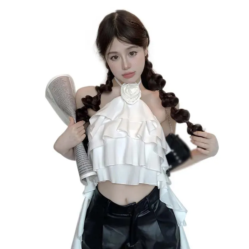 Znbbw Women's Top Women's Vest Ruffle Backless Flowers Versatile Sexy Camisole - Image 9