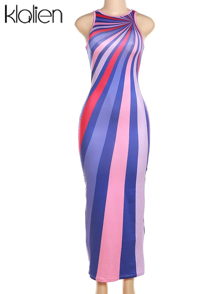 Znbbw Birthday Evening One Piece Dress for Women 2023 Trendy Summer Elegant Striped Print Long Dress Party Date Robe Ladies - Image 2