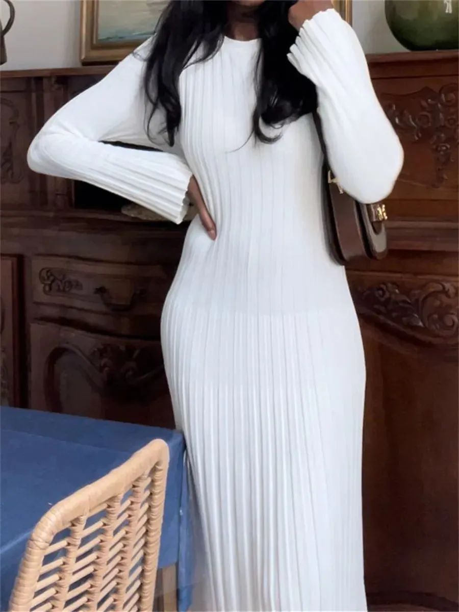 Znbbw Women's Knit Ribbed Long Dress Long Sleeve O Neck Wrapped Pencil Dress robe femme vestidos de mujer casual elegante - Image 5