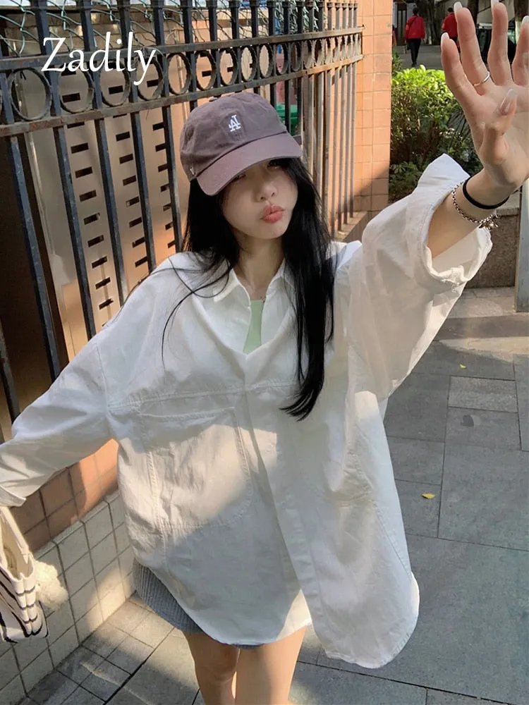 znbbw 2023 Summer Unisex Long Sleeve Oversize Women White Shirt Korea Style Button Up Pocket Woman Blouse Female Clothing Tops - Image 5