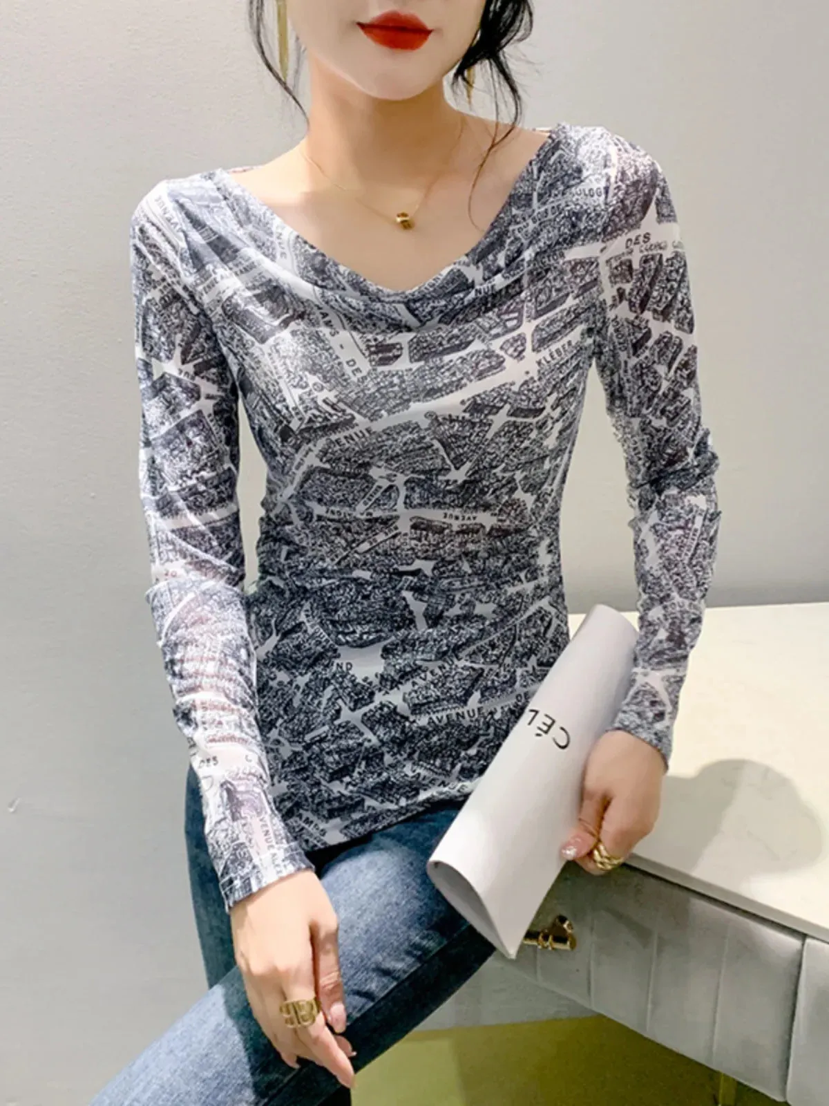 Znbbw Autumn Mesh T-shirt Women Full Sleeve Irregular Hem Elegant High Stretch Slim Top - Image 4