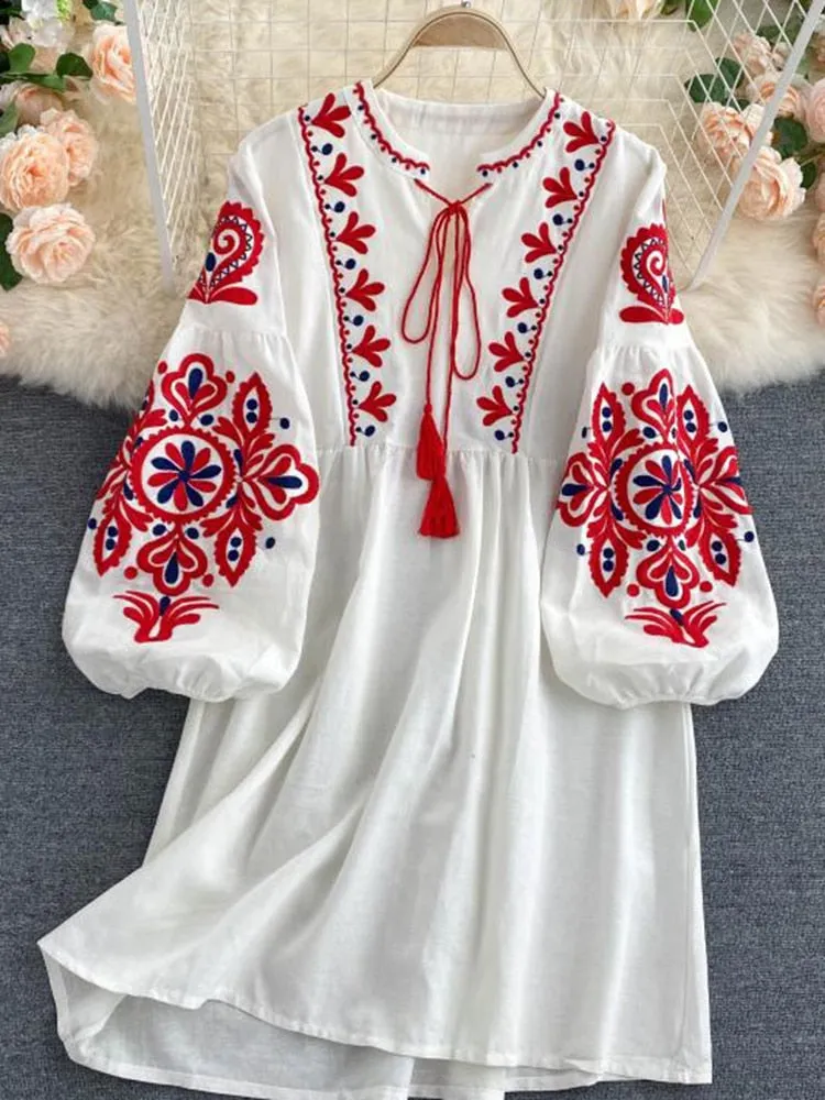 Znbbw Autumn Women's Retro Ethnic Embroidered Dress Lantern Sleeves Bohemian Holiday Dress Women GD678 - Image 3