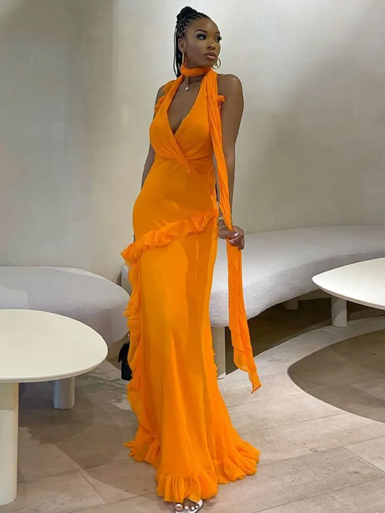 Znbbw Women Elegant Irregular Ruffles Slim Long Dress 2023 Summer Sexy V-neck Sleeveless Halter Maxi Dresses Beach Party Club Gowns - Image 2