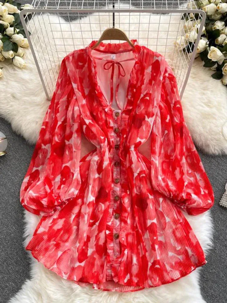 Znbbw Autumn New Fashion Temperament Retro Printing Vestidos Female V-neck Puff Sleeve V-neck Tie Waist Dress KK1144 - Image 5
