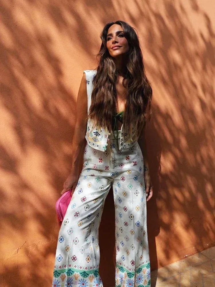 Znbbw 2 Pcs Pants Women Set Outfits Autumn Linen Cotton Printed Boho Vest+pants Wide Leg Long Pants Set Pockets Vintage Set - Image 2