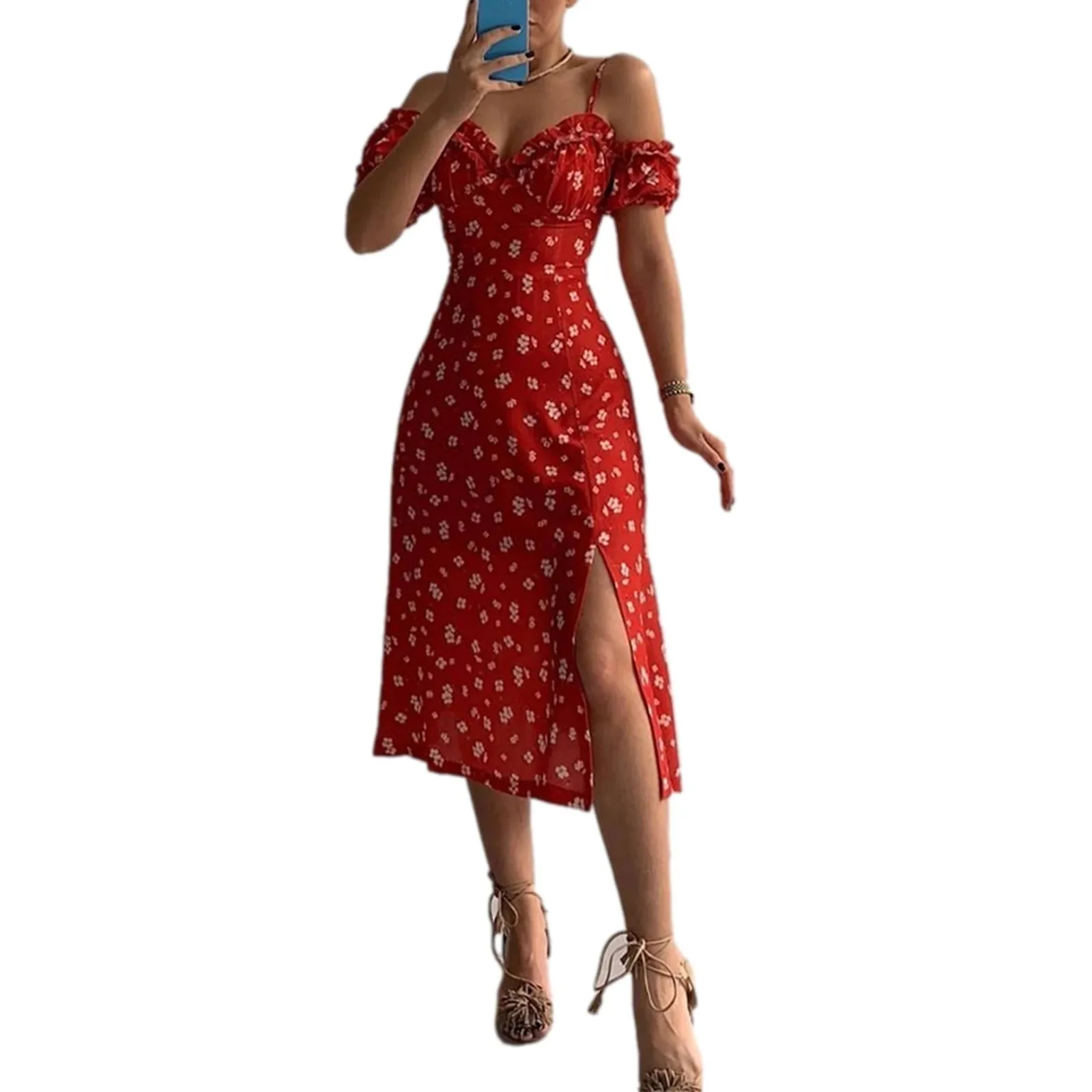 Znbbw Women's Summer Bohemian Floral Dress Sleeveless Backless Spaghetti Straps High Slit Casual Flowy Midi Beach Dress - Image 2