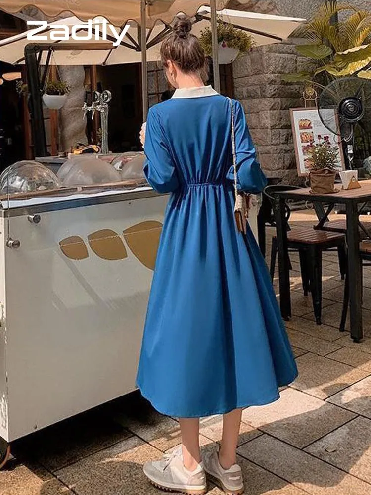 znbbw 2023 Summer French style Patchwork Button Up Shirt Dress Office Lady A-Line Turn Down Collar Mid Dresses Work Vestidos - Image 4