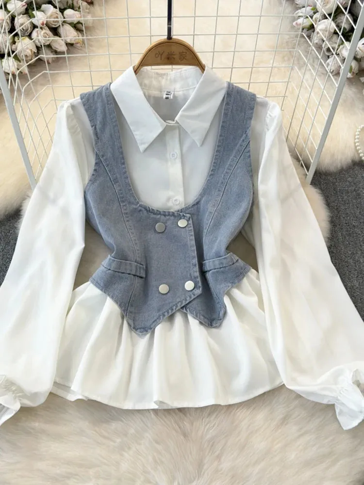 Znbbw Autumn Women's Vest Two piece Set Long sleeved Waist Lotus Leaf Shirt Two piece Set Denim Vest Tank Top Women's Top ML572 - Image 3