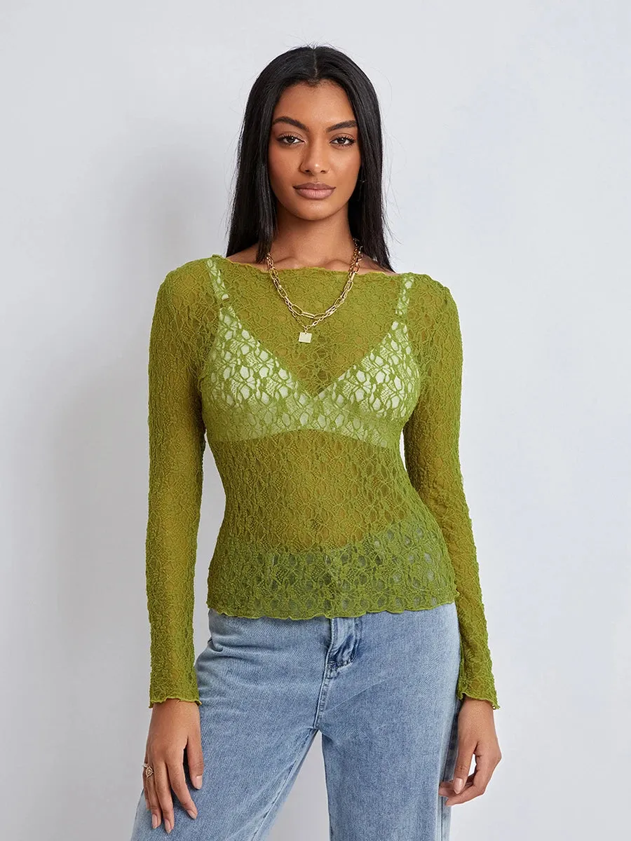 Znbbw Women's See-Through Lace Sheer Tops 2024 Fall New Chic Long Sleeve Round Neck Slim Fit T-Shirts Going Out Tops for Party - Image 5