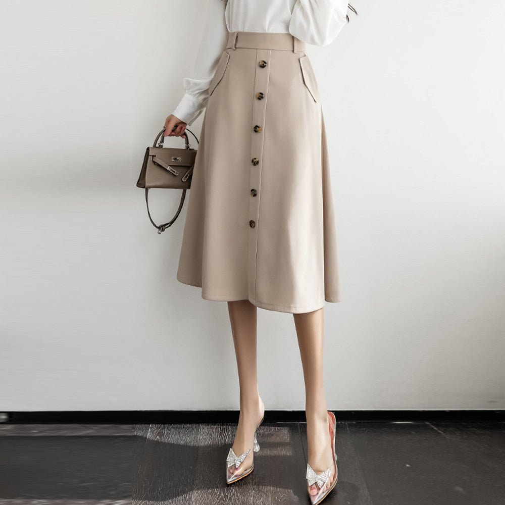 Znbbw Women's Skirts High Waist Single-Breasted Midi Skirts With Poakets Elegant Office All-Match Casual A-Line Skirts Jupe Femme - Image 4