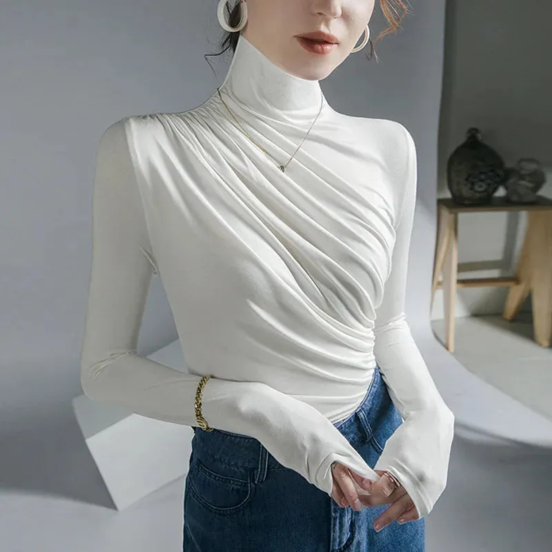 Znbbw Women Turtleneck Full Sleeve Folds T Shirts Lady High Quality Elegant Elastic Tops Tees Female T-Shirt - Image 3