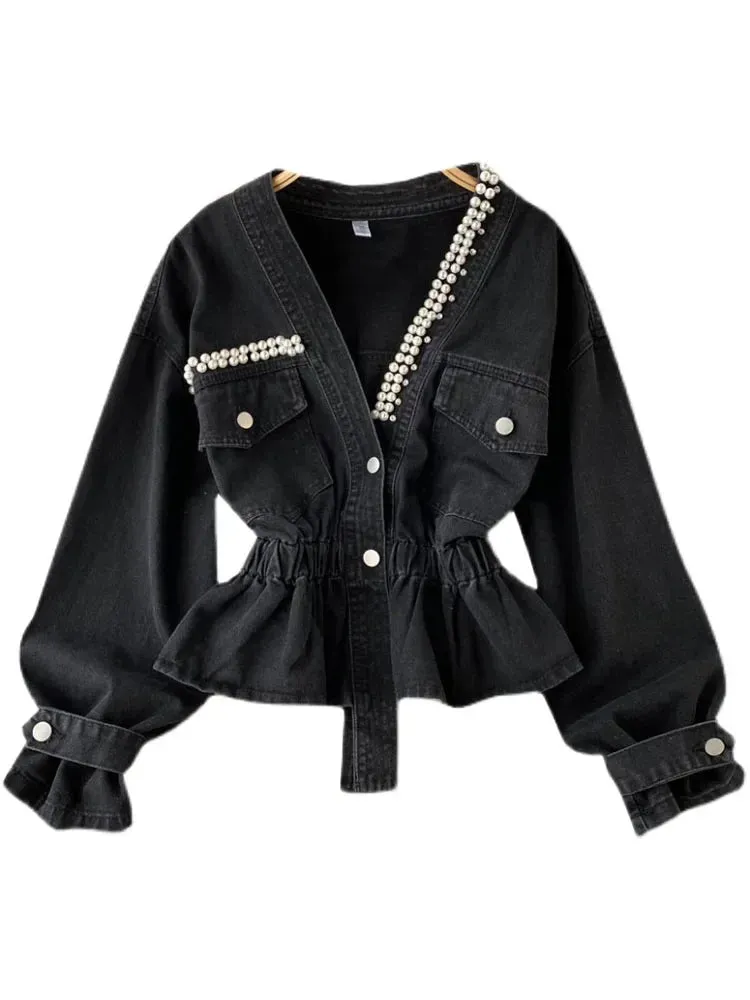 Znbbw 2024 New Retro Denim Jacket Female Temperament V-neck Single-breasted Beaded Waist Slim Crop Top KK1333 - Image 6