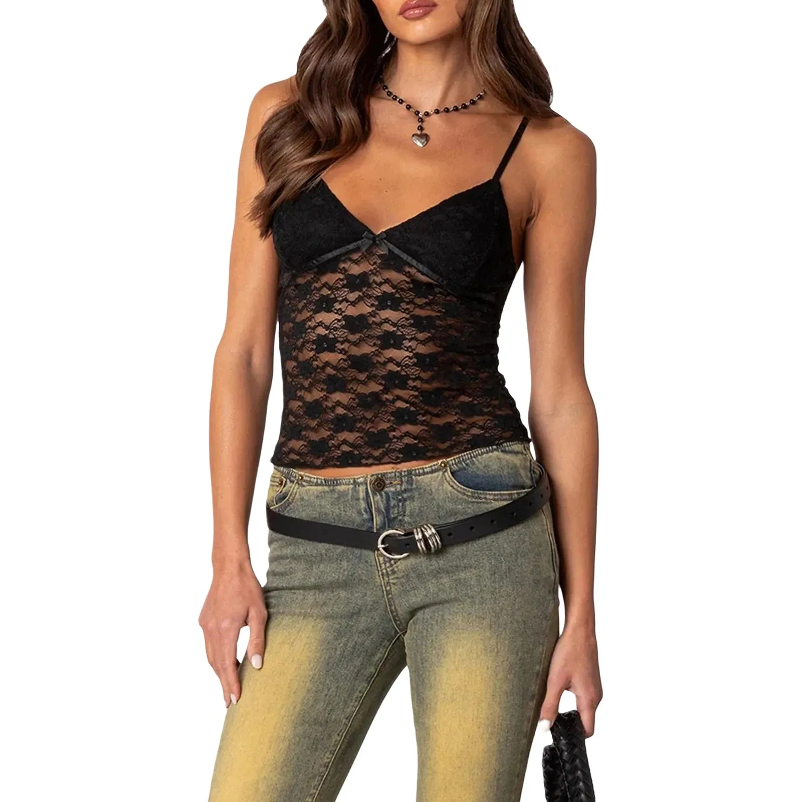 Znbbw Women Summer Vintage Black Lace Flower See Through Cami Crop Tops y2k Fairy Sleeveless V-neck Aesthetic 2000s Gothic Tees - Image 8