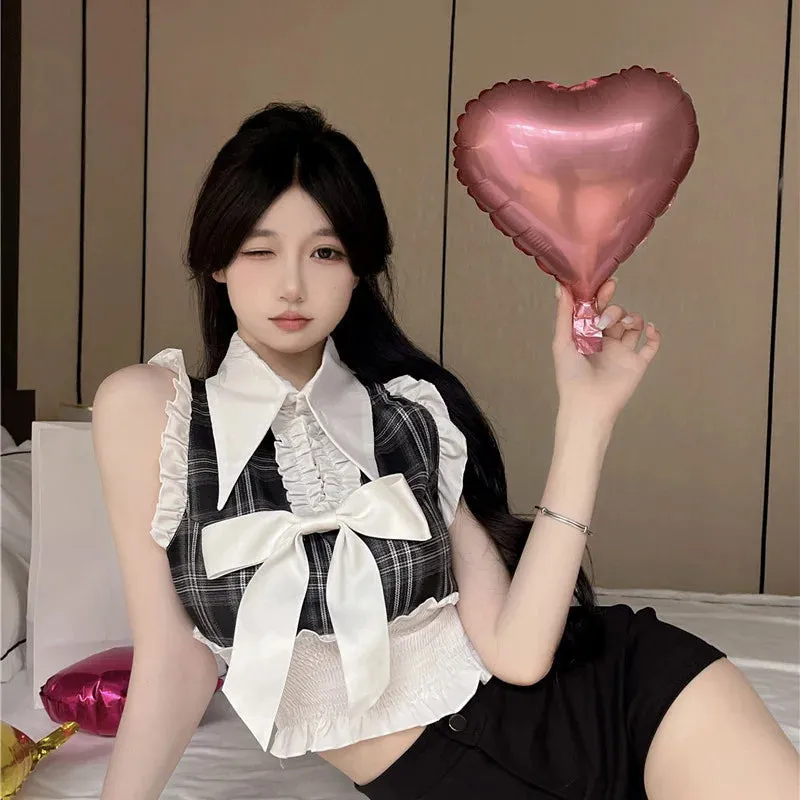 Znbbw Y2k Vest Blouses Bow Decoration Hollow Out Ruffles Plaid Design Crop Tops Summer Slim Waist Chic Women's Clothing Shirts - Image 2