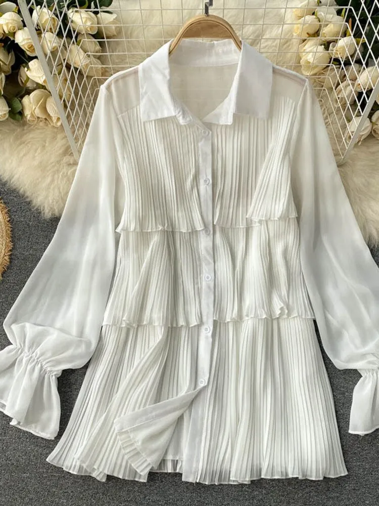 Znbbw Women's Spring Autumn Shirts New Design Niche Pleated Ruffled Mid-length Bubble Puff Sleeve Chiffon Top Female Blusa GX1044 - Image 2