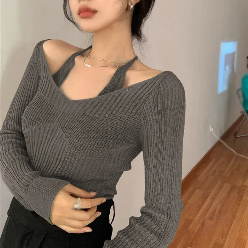 Znbbw Womens Knit Sweater Long Sleeve Off Shoulder Halter Neck Tops Sexy Pullover Casual Loose Blouse Jumper Sweaters - Image 6