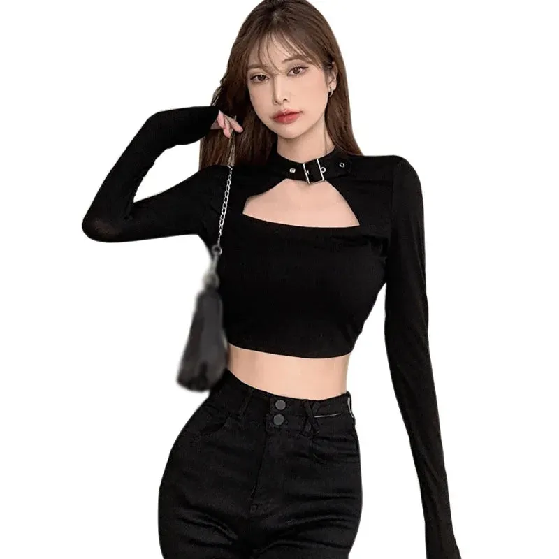 Znbbw Women's Square T-shirt  Collar Slim Sexy Navel Exposed Long Sleeved T-shirt Tops - Image 6