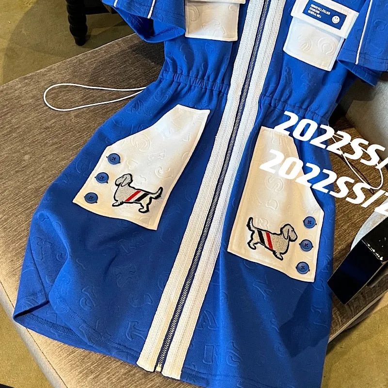 znbbw Women's Korean Elegant Klein Blue Short Sleeve Turndown Collar Midi Dress Sweet Preppy Style Golf Tennis Dress Female Junpsuits - Image 2