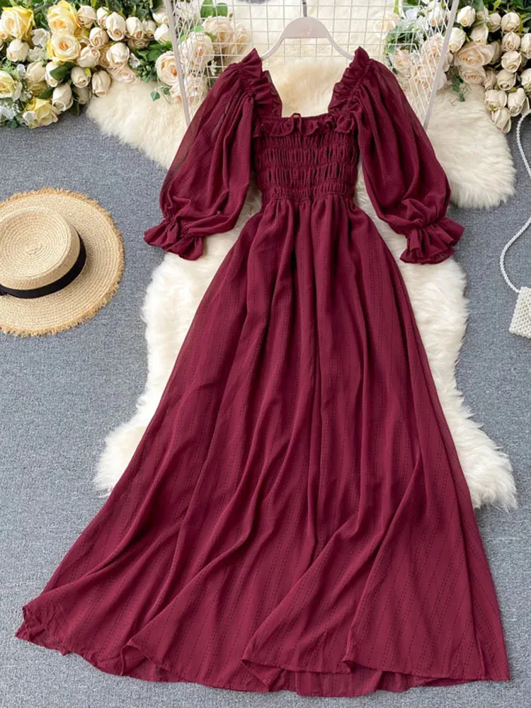 Znbbw Women's Dress New Square Collar Wooden Ear Bubble Sleeve Dress Korean Style Waist Slim Chiffon Female Dresses LL087 - Image 5