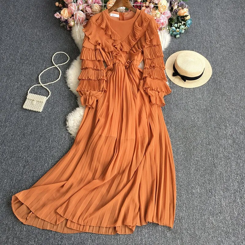 Znbbw Women Spring Autumn Dress Temperament Fold Solid Color Round Neck Sweet A-line Pressed Lace Long Sleeve Dress D2301 - Image 7