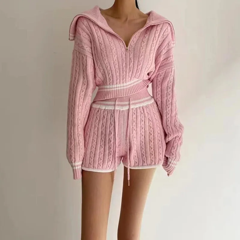 Znbbw Women Twist Knit 2 Piece Set Korean Fashion Zipper Loose Long Sleeve Tops Casual All Match Female High Waist Shorts Sets - Image 2