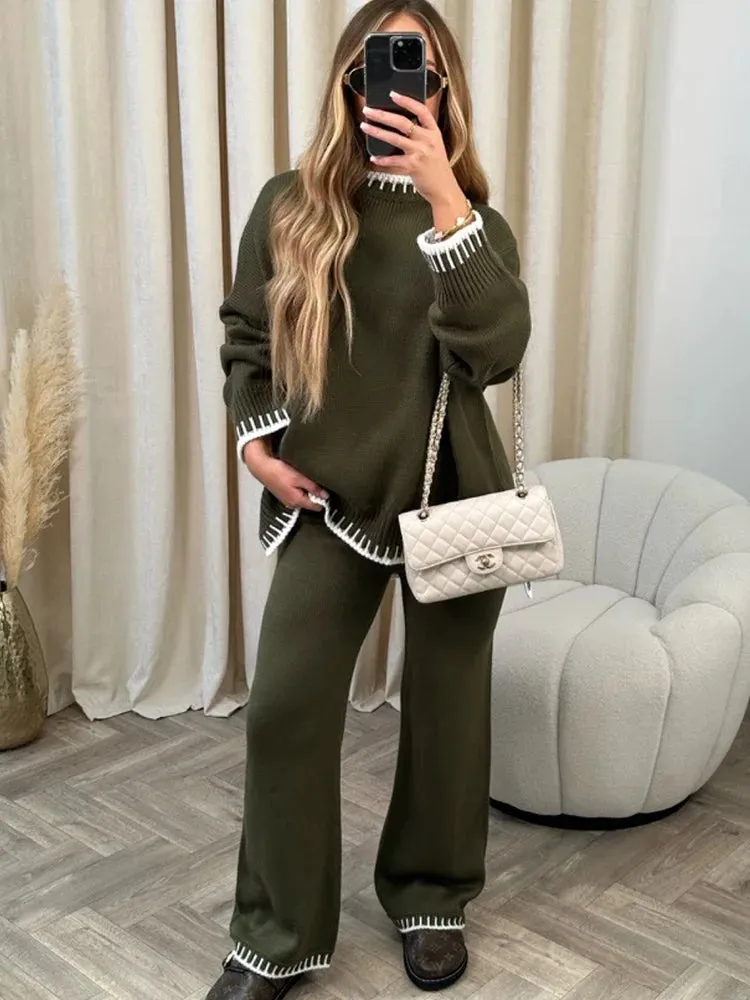 Znbbw Women's Knitwear Suit Autumn Winter Loose O-neck Long Sleeve Striped Pullover Soft High Waist Straight Pants Two-piece Suits - Image 5