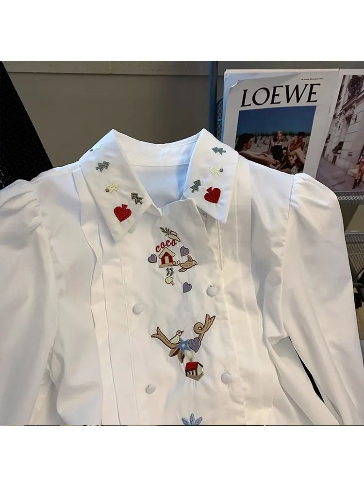 znbbw Women's French Vintage Shirt Embroidery Blouses Elegant Loose Polo-Neck Double Breasted Long Sleeve Blouses Spring 2023 Female - Image 6