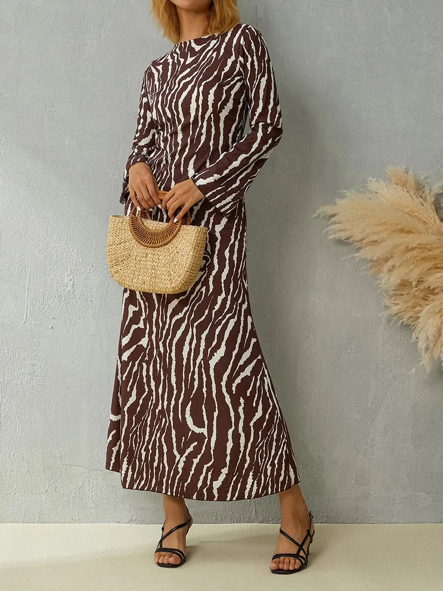 Znbbw Women Spring Autumn Maxi Dresses Zebra/Floral Print Long Flared Sleeve Round Neck Slim 2000s Aesthetic Long Dress Streetwear - Image 5