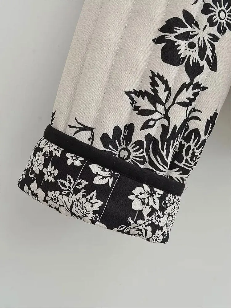 Znbbw 2023 Women Fashion Print Quilted Jacket Women Retro V Neck Tie Winter Warm Padded Jacket Female Chic Reversible Jacket - Image 3