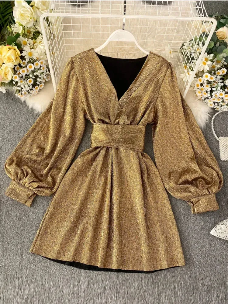 Znbbw Autumn Women's Bright Color Dress V-neck Lantern Sleeve Gold Bright Silk Lace Retro Dress Female Sexy Party Dress GD205