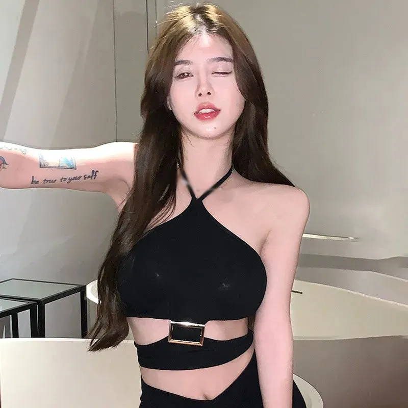 Znbbw Women's Camisole Bandage Metal Buckle Sleeveless Tank Top Solid Color T-shirt