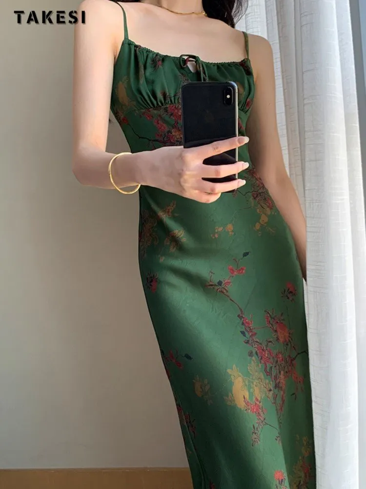 znbbw Women Spaghetti Strap Elegant Floral Printing Long Dress Summer Sleeveless Bodycon Slim Vintage Satin Vestidos Female Chic Robe - Image 4
