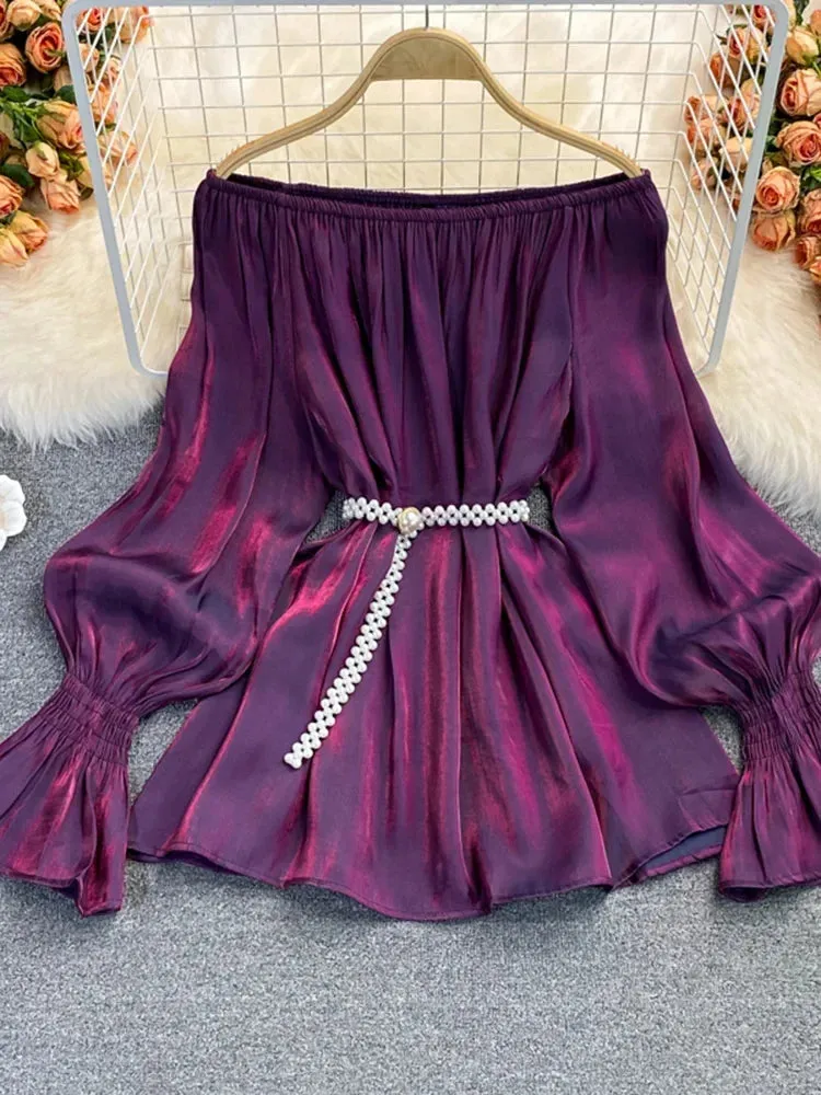 Znbbw Autumn Women's Mid-length Chiffon Blouse with Waistline Neckline Flared Sleeve Shirt Women GD610 - Image 9