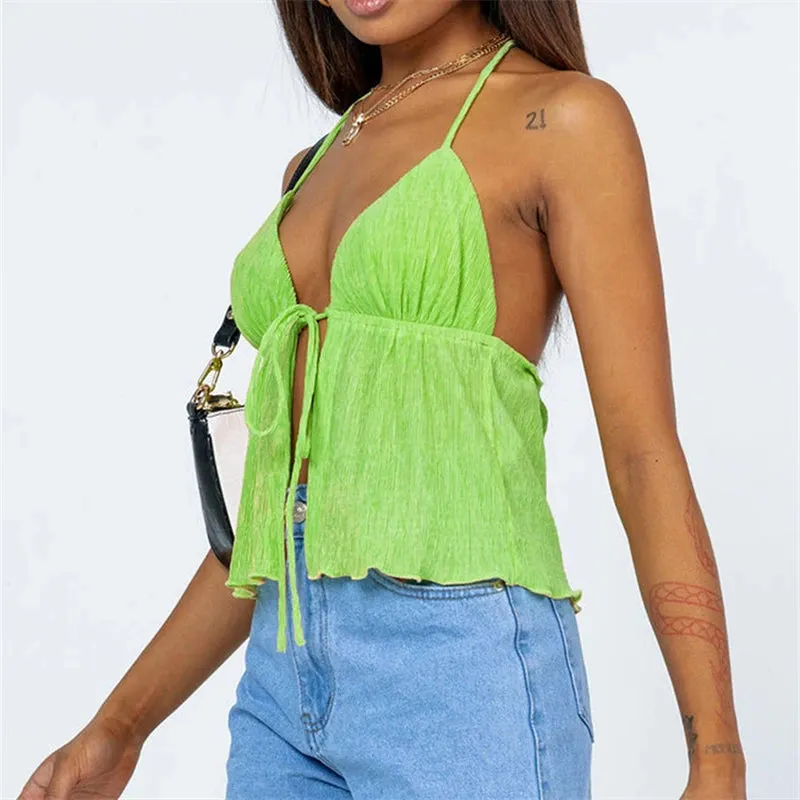 Znbbw Women Halterneck Crop Tops Summer Solid Color Bandage Open Front Backless Sleeveless Green Tops y2k Streetwear - Image 2