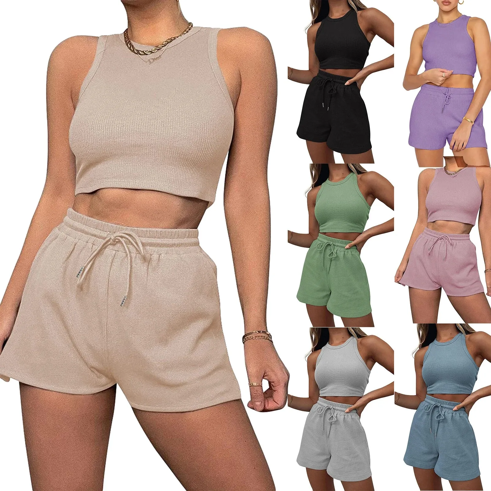 Znbbw women sets two pieces 2023 high quality Casual Waffle Knit Sleeveless Summer Outfits Matching High Waist Shorts Sets - Image 5