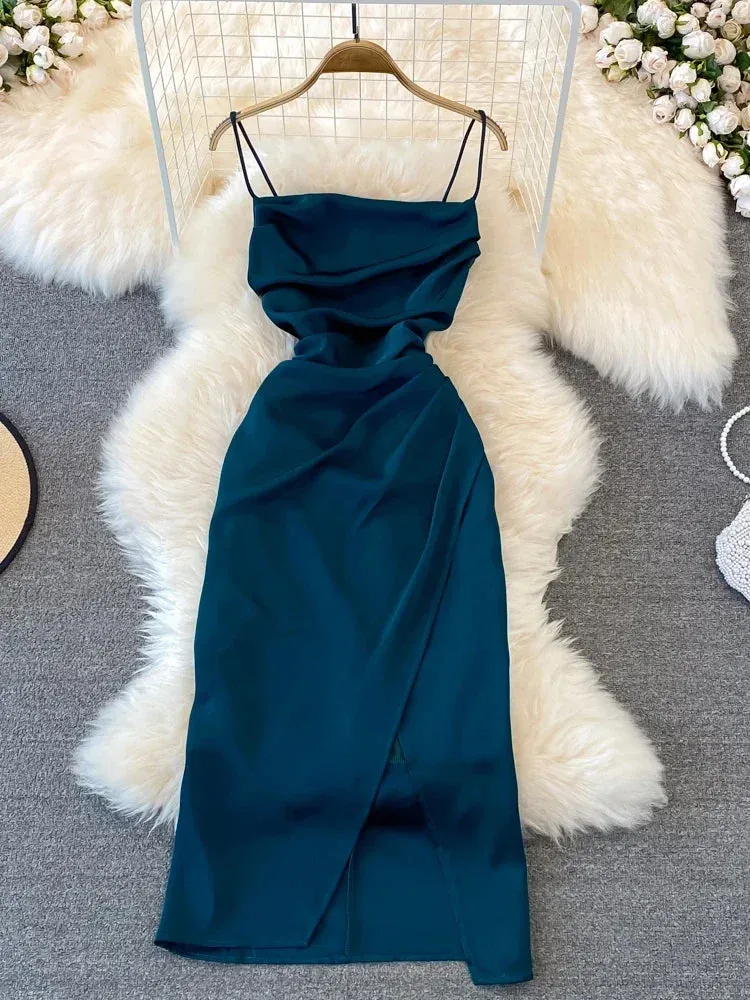 Znbbw Women Summer Dress Vintage High-waisted Slim Suspender Pleated Sleeveless Backless A-line Dress Elegant Split Dress D3196 - Image 4