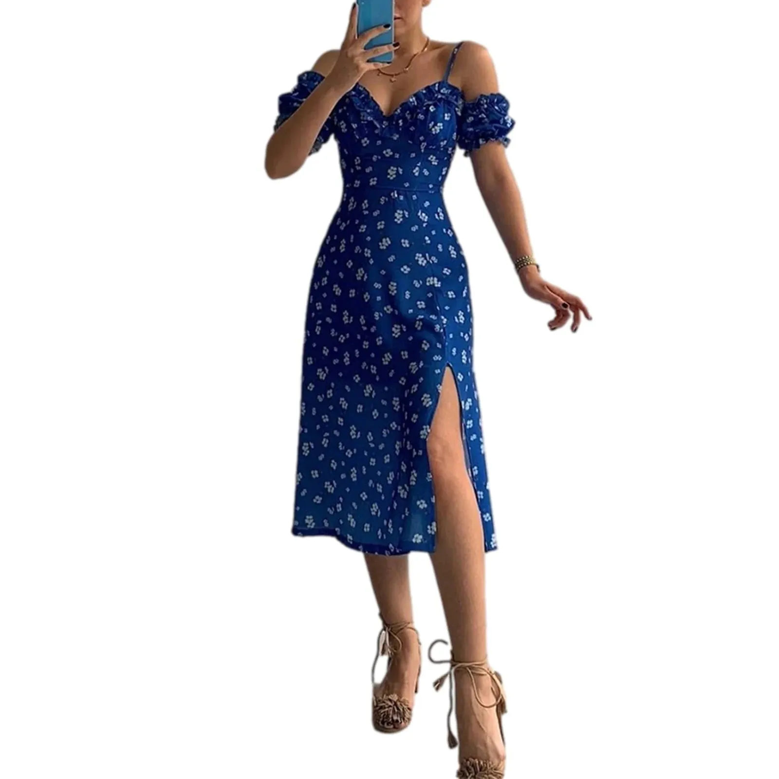 Znbbw Women's Summer Bohemian Floral Dress Sleeveless Backless Spaghetti Straps High Slit Casual Flowy Midi Beach Dress - Image 3